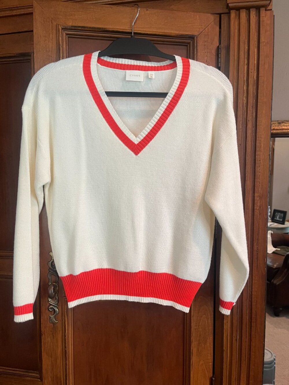 Cyrus White Red Stripe V-Neck Varsity Sweater XS